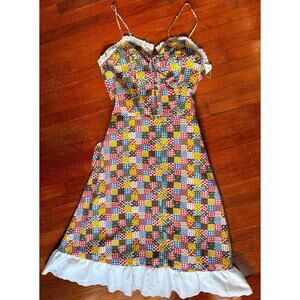 Vintage 70’s Yellow Patchwork White Eyelet Mini Dress XS Small Boho Hippie Fairy